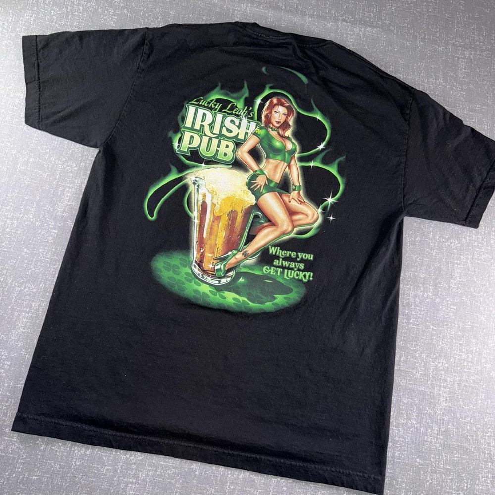 ODM Shirt Mens Large Black Lucky Leah's Irish Pub Pinup Beer St Patricks Day Tee